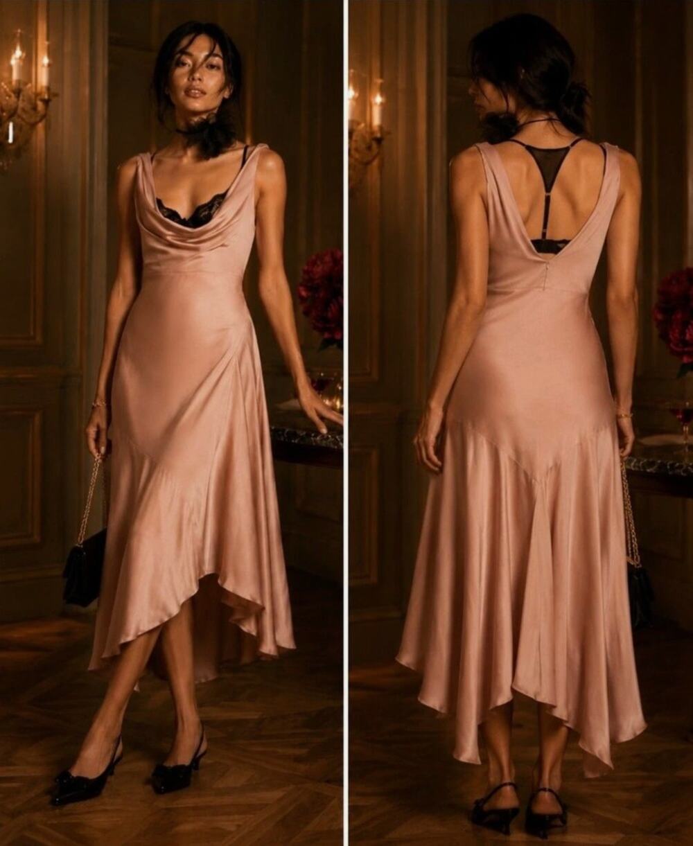 Anthropologie Rose Gold Satin Midi Dress